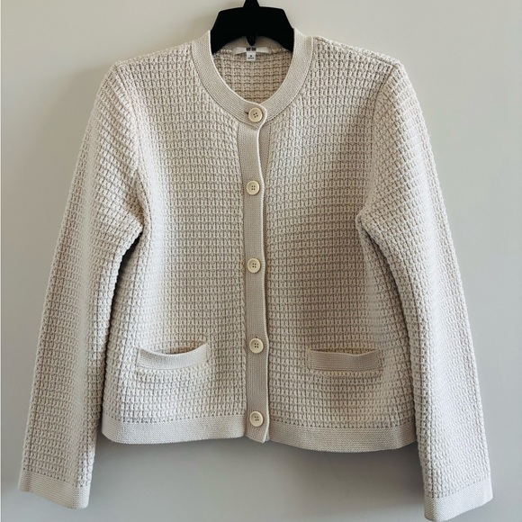 UNIQLO Cardigan Sweater Jacket Beige Knit Pockets Womens M Preppy Old Money - Picture 4 of 11